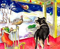Goog, Dog, Winter, Christmas, Outdoor Christmas Decor, Watercolor Painting, Card Illustration, Defiance MO, Guinea Fowl, Santa Sleigh